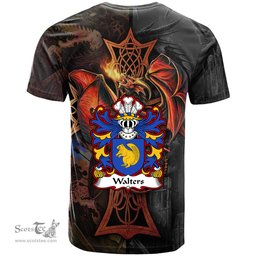 ScotsTee Shop Welsh Walters of Piercefield St Arvans Monmouthshire Coat of Arms Family Crest Wales T Shirt Celtic Cross and Dragon With Sword T Shirt