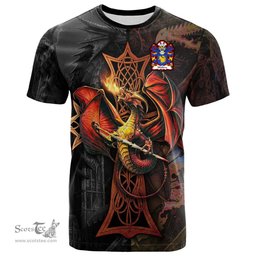 ScotsTee Shop Welsh Walters of Piercefield St Arvans Monmouthshire Coat of Arms Family Crest Wales T Shirt Celtic Cross and Dragon With Sword T Shirt