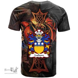 ScotsTee Shop Welsh Lathom of Lleweni Green Denbighshire Coat of Arms Family Crest Wales T Shirt Celtic Cross and Dragon With Sword T Shirt