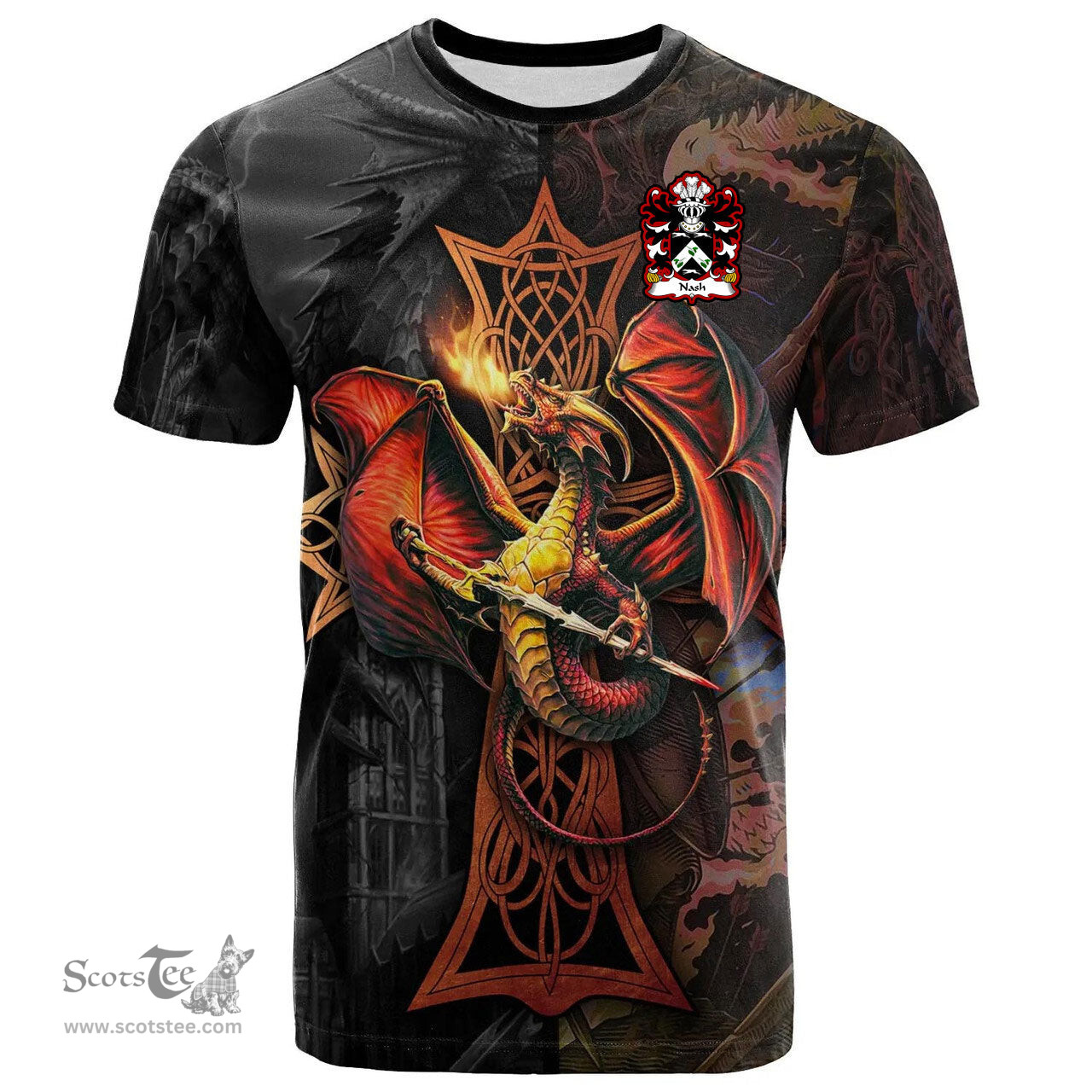 ScotsTee Shop Welsh Nash of Nash Pembrokeshire Coat of Arms Family Crest Wales T Shirt Celtic Cross and Dragon With Sword T Shirt