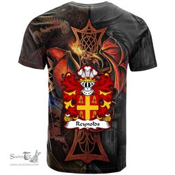 ScotsTee Shop Welsh Reynolds or Reignolds of Denbighshire Coat of Arms Family Crest Wales T Shirt Celtic Cross and Dragon With Sword T Shirt