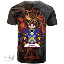 ScotsTee Shop Welsh Jenkin AP DAFYDD or JENKIN FYCHAN Coat of Arms Family Crest Wales T Shirt Celtic Cross and Dragon With Sword T Shirt