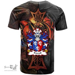 ScotsTee Shop Welsh Powell of Perth hir Monmouthshire Coat of Arms Family Crest Wales T Shirt Celtic Cross and Dragon With Sword T Shirt
