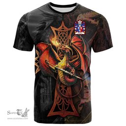 ScotsTee Shop Welsh Powell of Perth hir Monmouthshire Coat of Arms Family Crest Wales T Shirt Celtic Cross and Dragon With Sword T Shirt