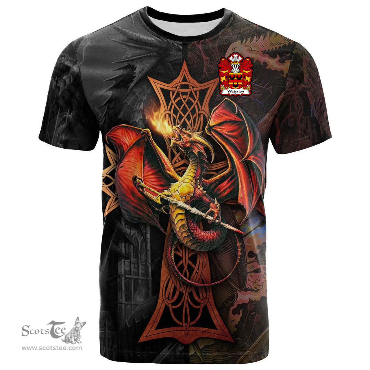 ScotsTee Shop Welsh Waterton of Herefordshire Coat of Arms Family Crest Wales T Shirt Celtic Cross and Dragon With Sword T Shirt