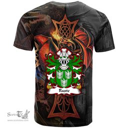 ScotsTee Shop Welsh Ruste of Abergwili Carmarthenshire Coat of Arms Family Crest Wales T Shirt Celtic Cross and Dragon With Sword T Shirt