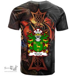 ScotsTee Shop Welsh Young of Tredrysi Pembrokeshire Coat of Arms Family Crest Wales T Shirt Celtic Cross and Dragon With Sword T Shirt