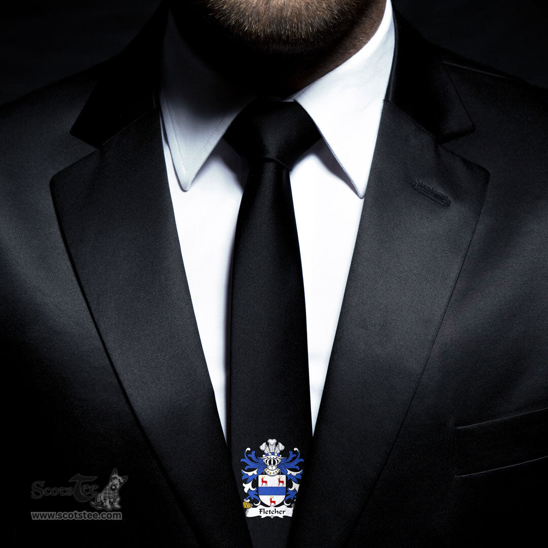 ScotsTee Shop Welsh Fletcher of Treborth Caernarfonshire Coat of Arms Family Crest Welsh Neck Tie Black Tie