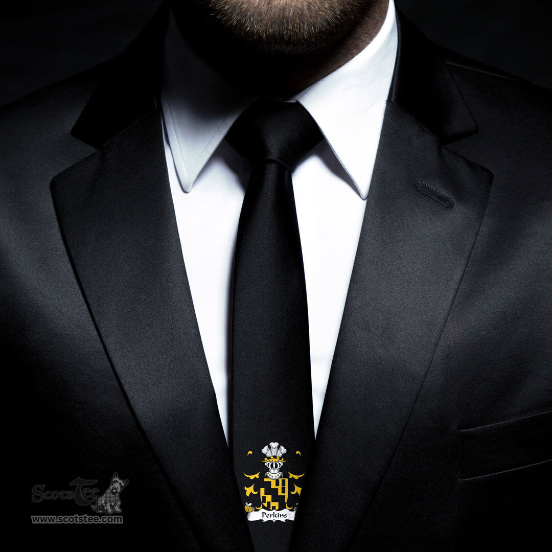 ScotsTee Shop Welsh Perkins of Pilston Monmouthshire Coat of Arms Family Crest Welsh Neck Tie Black Tie