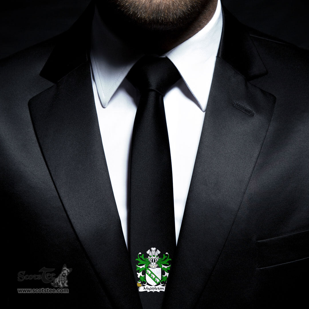 ScotsTee Shop Welsh Myddleton of Gwenynog Denbighshire Coat of Arms Family Crest Welsh Neck Tie Black Tie