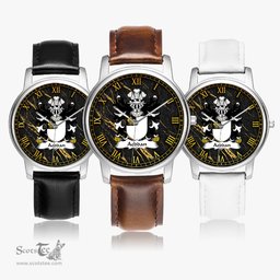 ScotsTee Shop Welsh Aeddan AP SEYSSYLLT Coat of Arms Family Crest Wales Watch Leather Strap Classic Quartz Watch