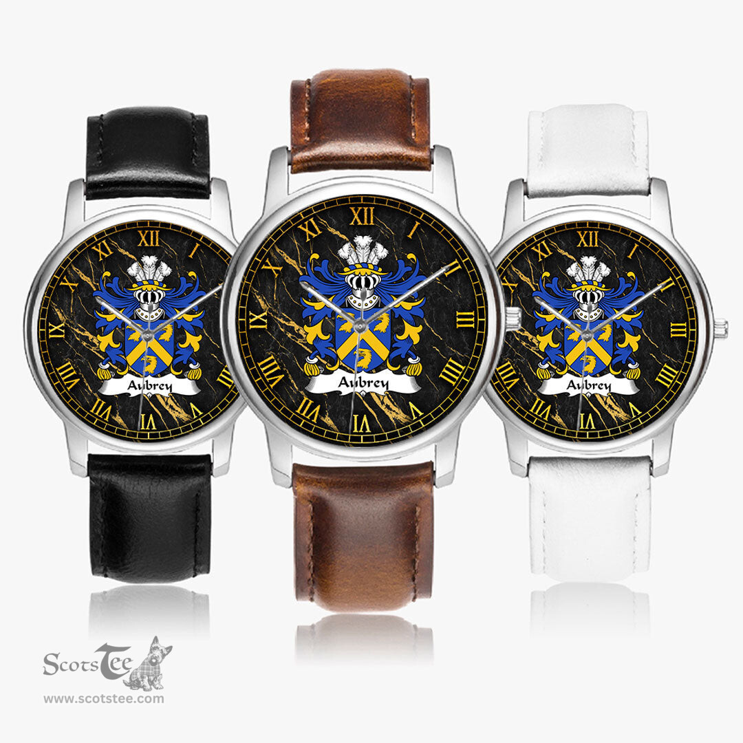ScotsTee Shop Welsh Aubrey of Breconshire Coat of Arms Family Crest Wales Watch Leather Strap Classic Quartz Watch
