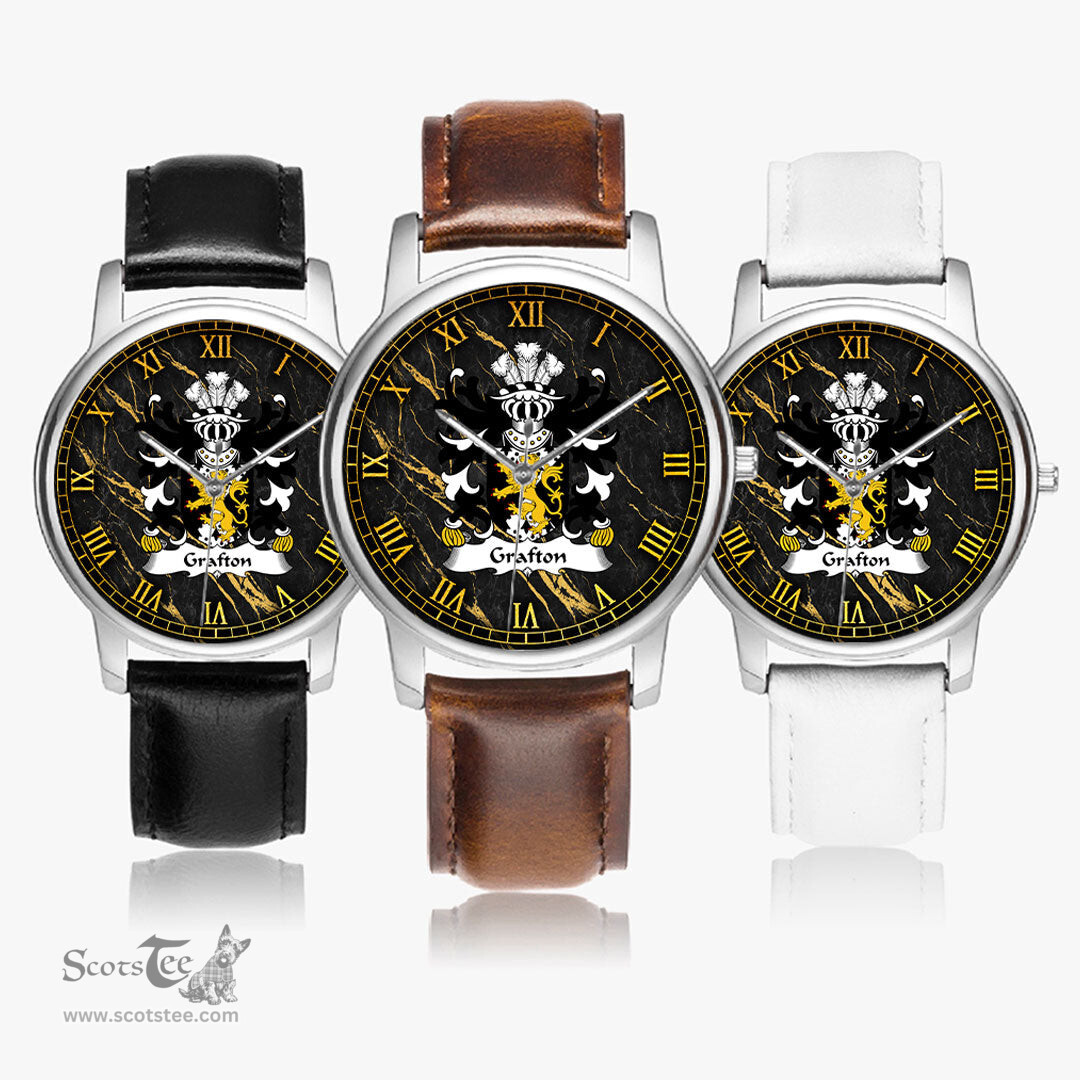 ScotsTee Shop Welsh Grafton of Carew Pembrokeshire Coat of Arms Family Crest Wales Watch Leather Strap Classic Quartz Watch