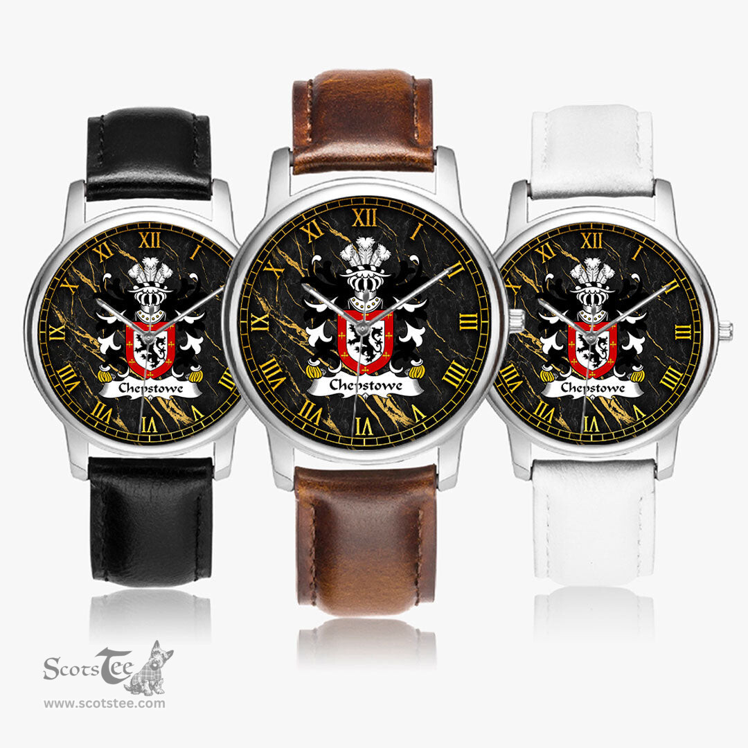 ScotsTee Shop Welsh Chepstowe Monmouthshire Coat of Arms Family Crest Wales Watch Leather Strap Classic Quartz Watch