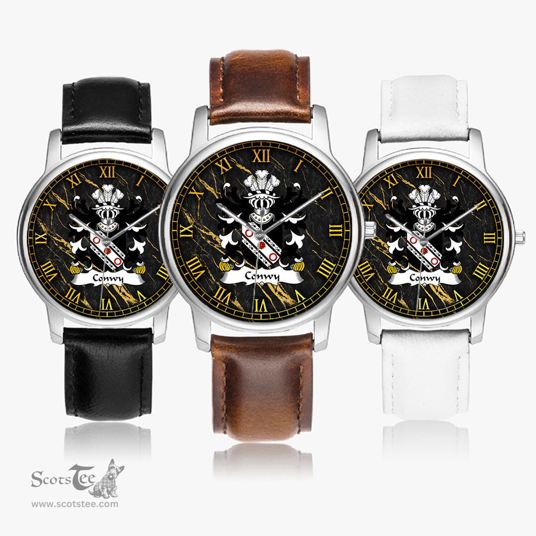 ScotsTee Shop Welsh Conwy of Bodrhyddan Flint Coat of Arms Family Crest Wales Watch Leather Strap Classic Quartz Watch