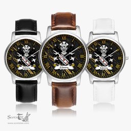 ScotsTee Shop Welsh Conwy of Bodrhyddan Flint Coat of Arms Family Crest Wales Watch Leather Strap Classic Quartz Watch