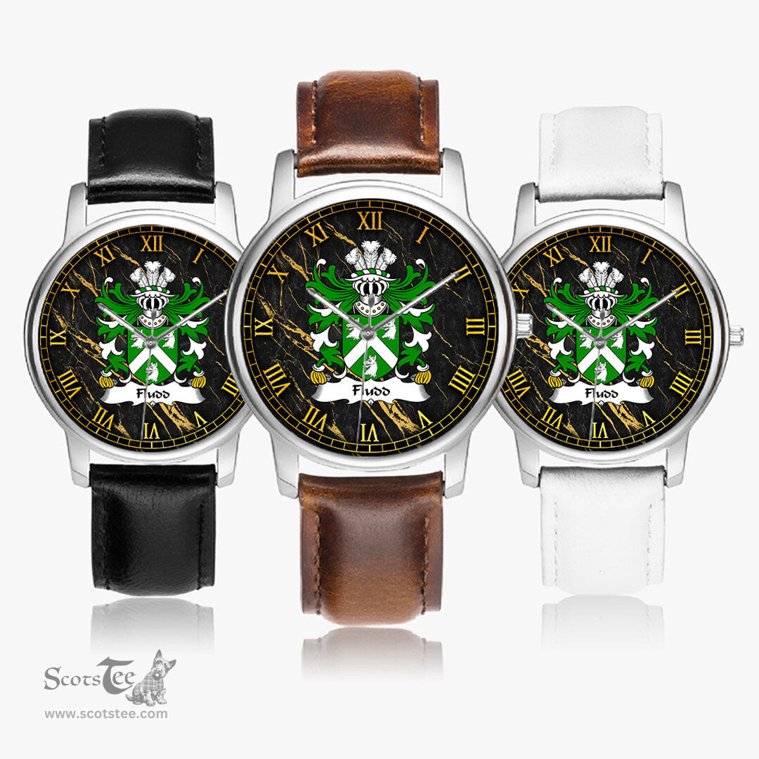 ScotsTee Shop Welsh Fludd Thomas of Kent family of Welsh origin Coat of Arms Family Crest Wales Watch Leather Strap Classic Quartz Watch