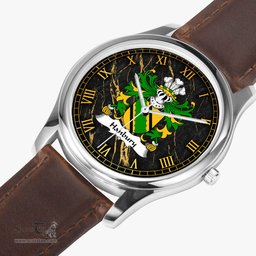 ScotsTee Shop Welsh Hanbury of Pontypool Monmouthshire Coat of Arms Family Crest Wales Watch Leather Strap Classic Quartz Watch