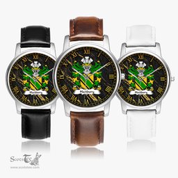 ScotsTee Shop Welsh Hanbury of Pontypool Monmouthshire Coat of Arms Family Crest Wales Watch Leather Strap Classic Quartz Watch