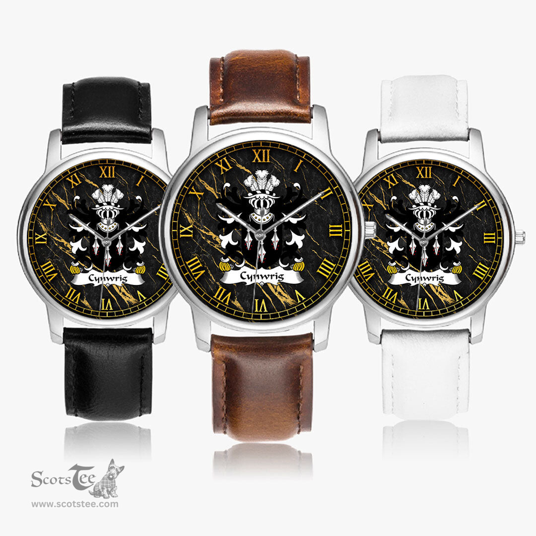 ScotsTee Shop Welsh Cynwrig SAIS Coat of Arms Family Crest Wales Watch Leather Strap Classic Quartz Watch