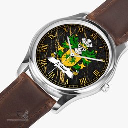 ScotsTee Shop Welsh Arthur I ab uthr pendragon King Arthur Coat of Arms Family Crest Wales Watch Leather Strap Classic Quartz Watch