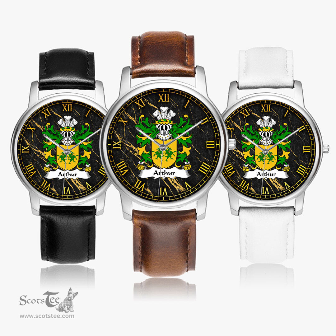 ScotsTee Shop Welsh Arthur I ab uthr pendragon King Arthur Coat of Arms Family Crest Wales Watch Leather Strap Classic Quartz Watch