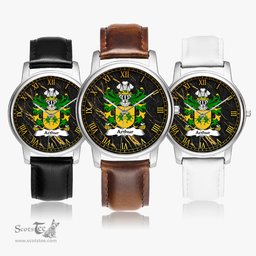 ScotsTee Shop Welsh Arthur I ab uthr pendragon King Arthur Coat of Arms Family Crest Wales Watch Leather Strap Classic Quartz Watch
