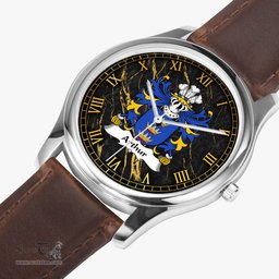 ScotsTee Shop Welsh Arthur II ab uthr pendragon King Arthur Coat of Arms Family Crest Wales Watch Leather Strap Classic Quartz Watch