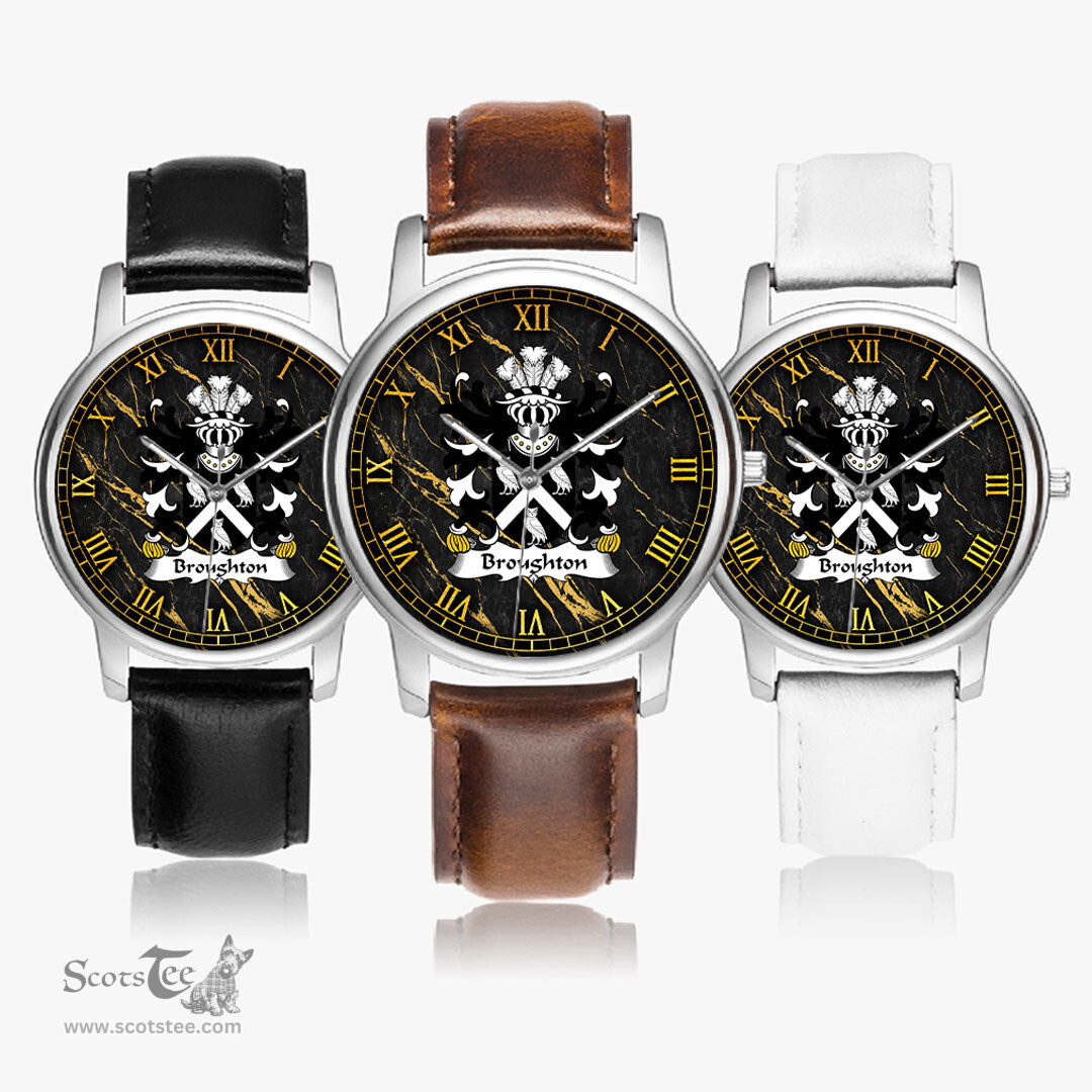 ScotsTee Shop Welsh Broughton of Broughton Bishops Castle Coat of Arms Family Crest Wales Watch Leather Strap Classic Quartz Watch