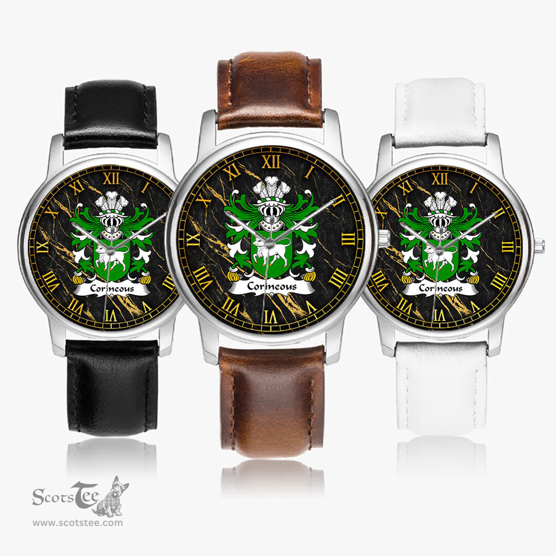 ScotsTee Shop Welsh Corineous Duke of Cornwall Companion of Brutus Coat of Arms Family Crest Wales Watch Leather Strap Classic Quartz Watch