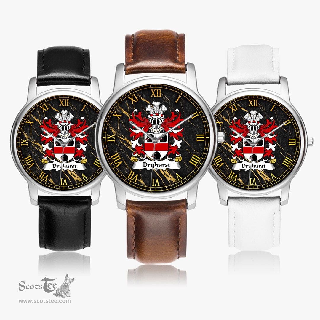 ScotsTee Shop Welsh Dryhurst of Denbighshire Coat of Arms Family Crest Wales Watch Leather Strap Classic Quartz Watch