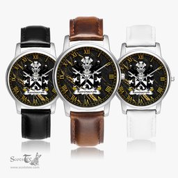 ScotsTee Shop Welsh Ravenscroft of Bretton Hawarden Flint Coat of Arms Family Crest Wales Watch Leather Strap Classic Quartz Watch