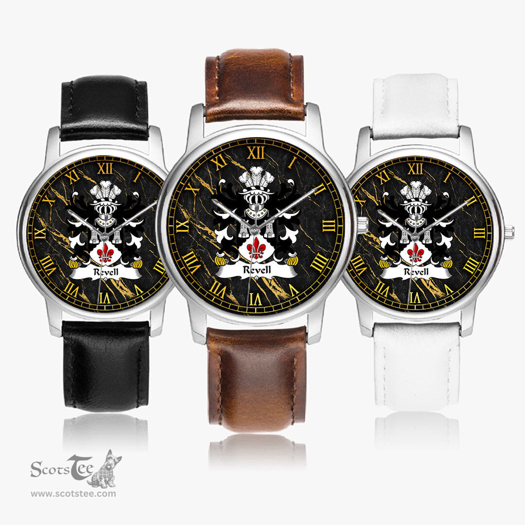 ScotsTee Shop Welsh Revell of Cilgerran Pembrokeshire Coat of Arms Family Crest Wales Watch Leather Strap Classic Quartz Watch