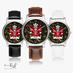 ScotsTee Shop Welsh Owain AP EDWIN or Owen Coat of Arms Family Crest Wales Watch Leather Strap Classic Quartz Watch
