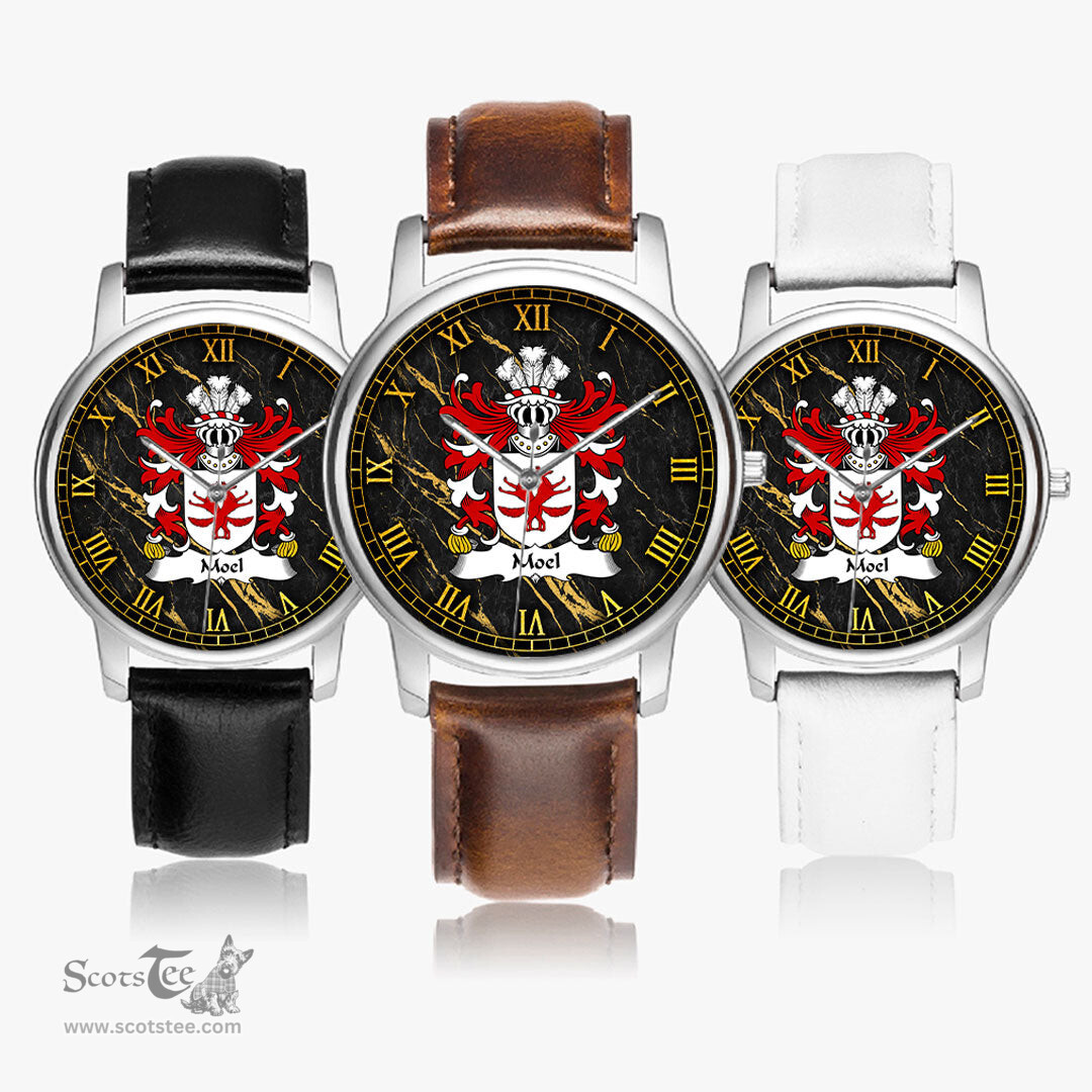 ScotsTee Shop Welsh Moel of Anglesey Coat of Arms Family Crest Wales Watch Leather Strap Classic Quartz Watch