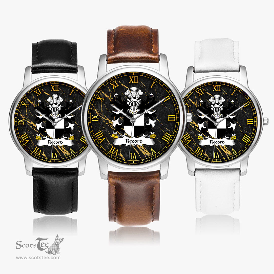 ScotsTee Shop Welsh Record of Tenby Pembrokeshire Coat of Arms Family Crest Wales Watch Leather Strap Classic Quartz Watch