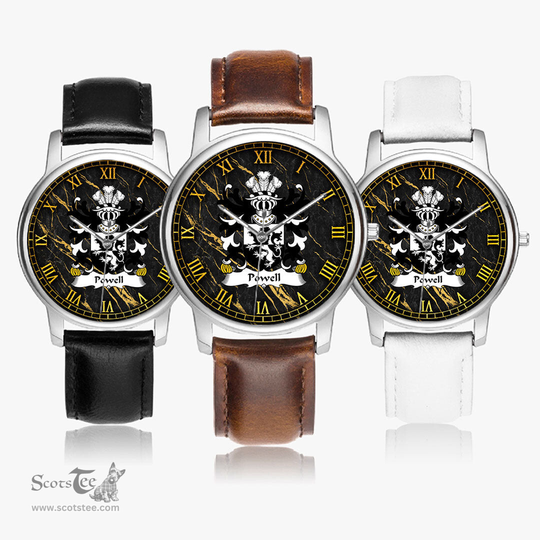 ScotsTee Shop Welsh Powell of Breconshire Coat of Arms Family Crest Wales Watch Leather Strap Classic Quartz Watch