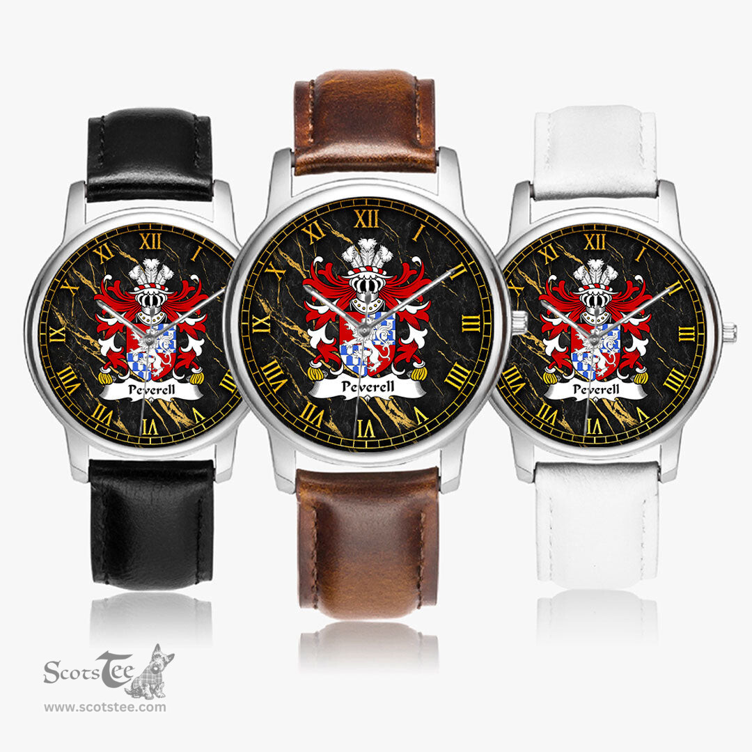 ScotsTee Shop Welsh Peverell of Pembrokeshire Coat of Arms Family Crest Wales Watch Leather Strap Classic Quartz Watch
