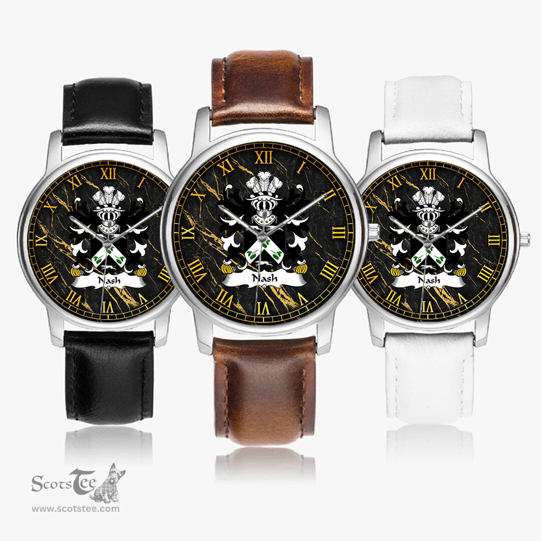 ScotsTee Shop Welsh Nash of Nash Pembrokeshire Coat of Arms Family Crest Wales Watch Leather Strap Classic Quartz Watch