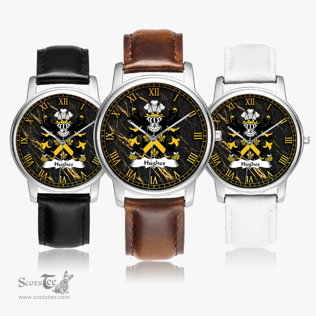 ScotsTee Shop Welsh Hughes of Breconshire Coat of Arms Family Crest Wales Watch Leather Strap Classic Quartz Watch