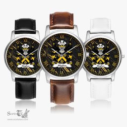 ScotsTee Shop Welsh Hughes of Breconshire Coat of Arms Family Crest Wales Watch Leather Strap Classic Quartz Watch