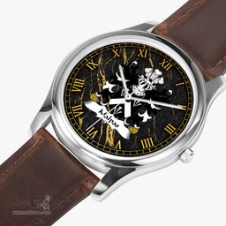 ScotsTee Shop Welsh Malpas Sir David Descended from Owain Coat of Arms Family Crest Wales Watch Leather Strap Classic Quartz Watch