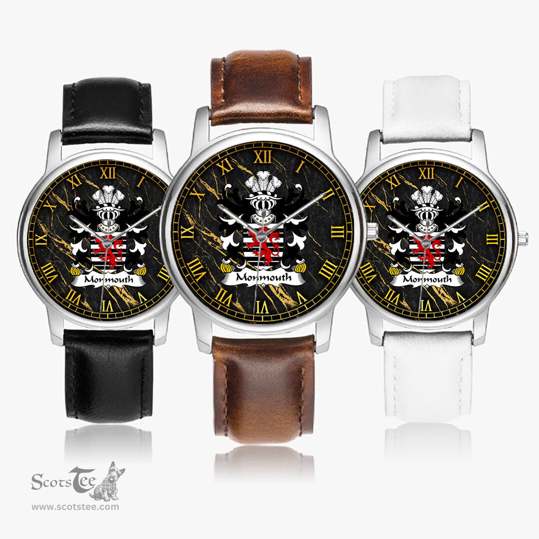 ScotsTee Shop Welsh Monmouth Lord Monmouth Coat of Arms Family Crest Wales Watch Leather Strap Classic Quartz Watch