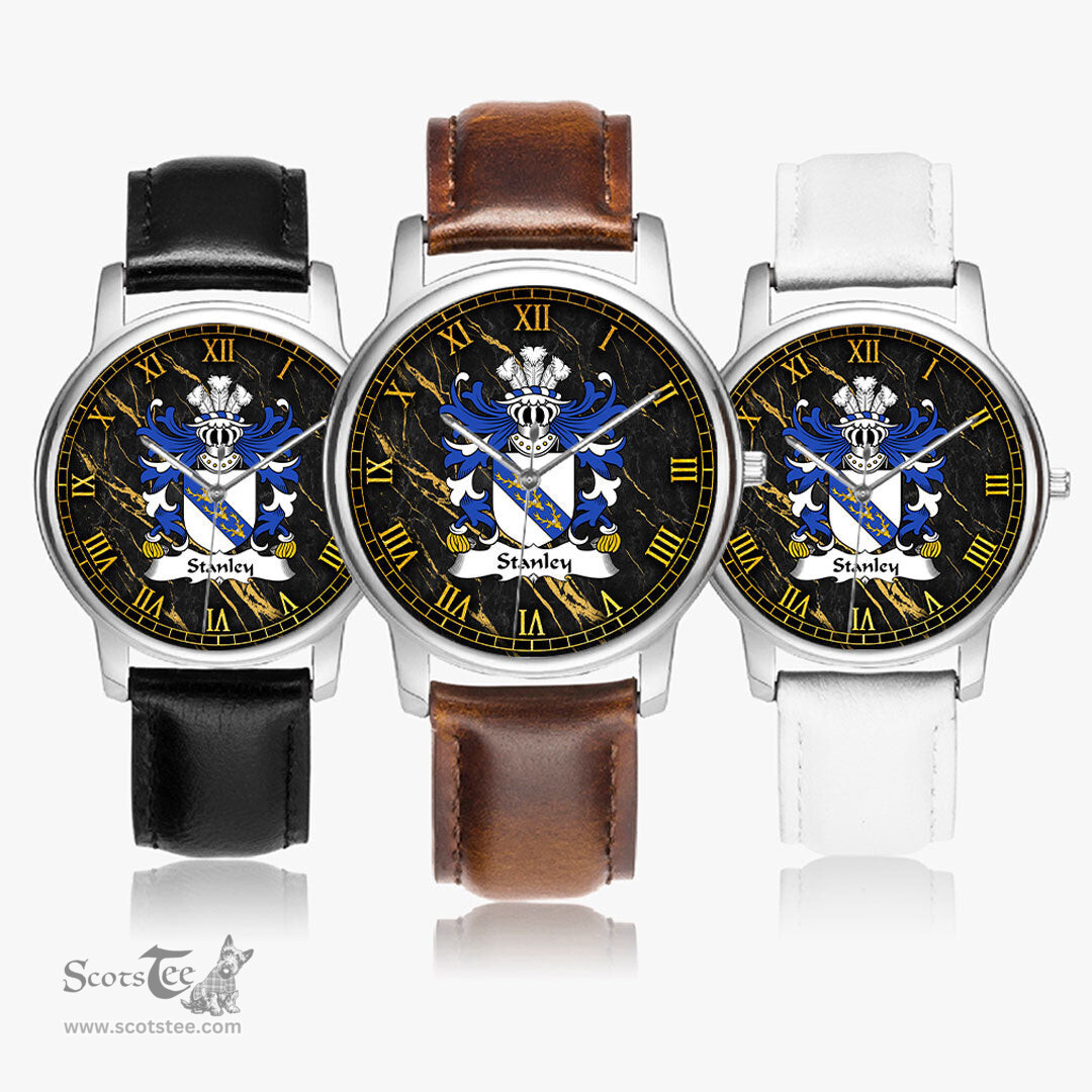 ScotsTee Shop Welsh Stanley of Ewloe Flint Coat of Arms Family Crest Wales Watch Leather Strap Classic Quartz Watch