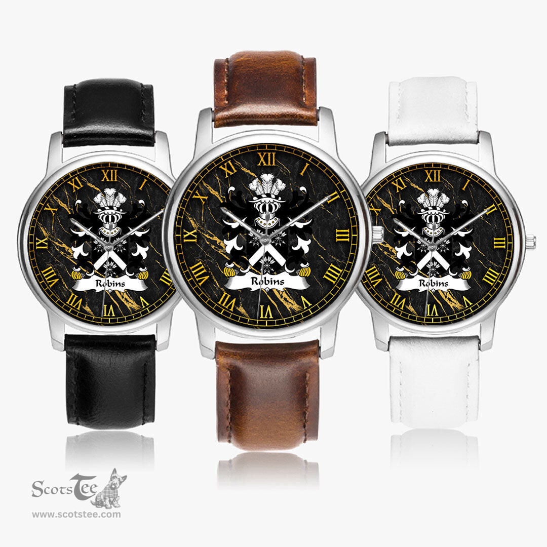 ScotsTee Shop Welsh Robins or Robinson Bishop of Bangor Coat of Arms Family Crest Wales Watch Leather Strap Classic Quartz Watch