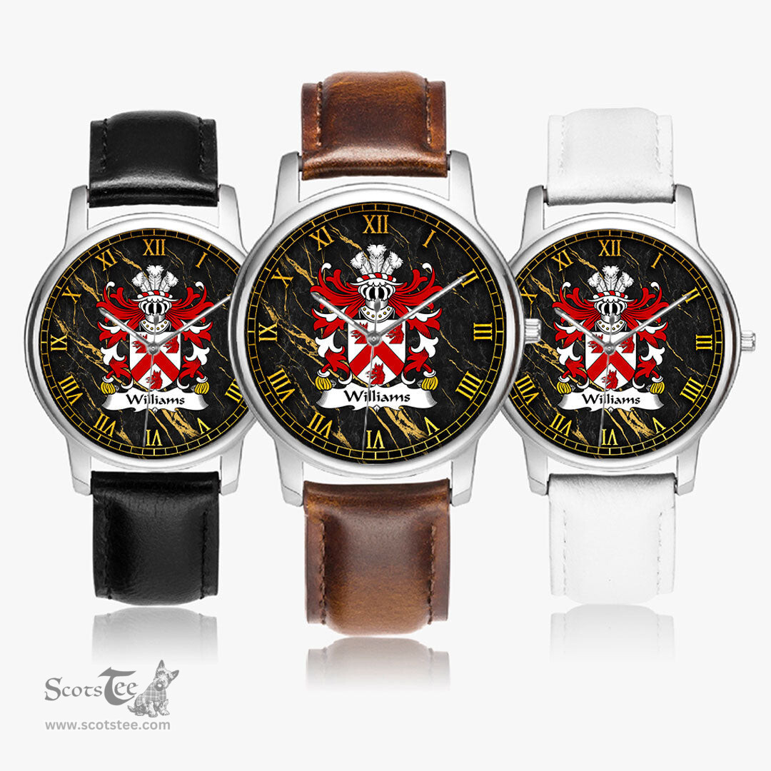 ScotsTee Shop Welsh Williams of Pen rhos Monmouthshire Coat of Arms Family Crest Wales Watch Leather Strap Classic Quartz Watch