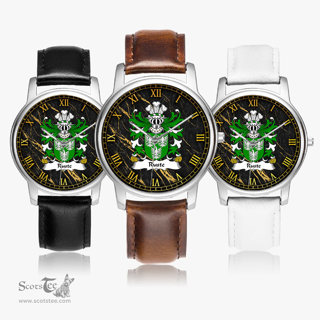 ScotsTee Shop Welsh Ruste of Abergwili Carmarthenshire Coat of Arms Family Crest Wales Watch Leather Strap Classic Quartz Watch