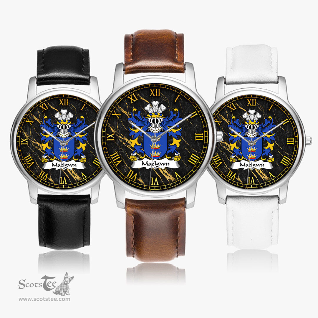 ScotsTee Shop Welsh Maelgwn GWYNEDD King of Gwynedd Coat of Arms Family Crest Wales Watch Leather Strap Classic Quartz Watch