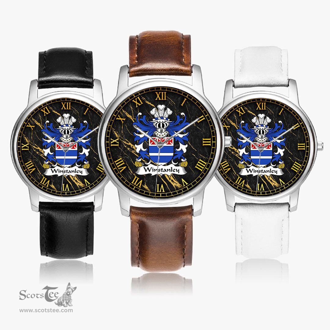 ScotsTee Shop Welsh Winstanley of St. Dogmaels Pembrokeshire Coat of Arms Family Crest Wales Watch Leather Strap Classic Quartz Watch