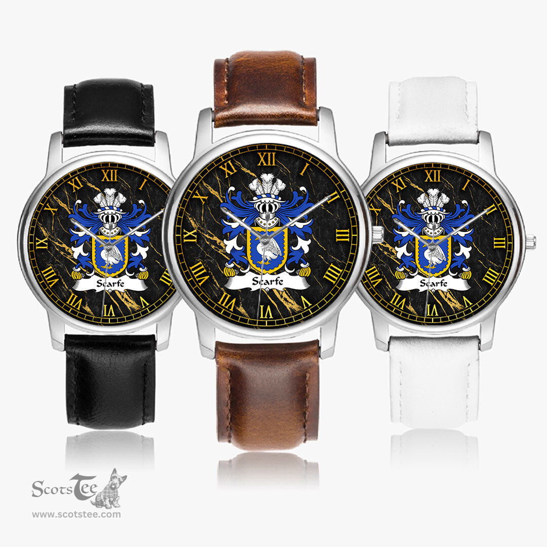 ScotsTee Shop Welsh Scarfe of Lamphey Pembrokeshire Coat of Arms Family Crest Wales Watch Leather Strap Classic Quartz Watch